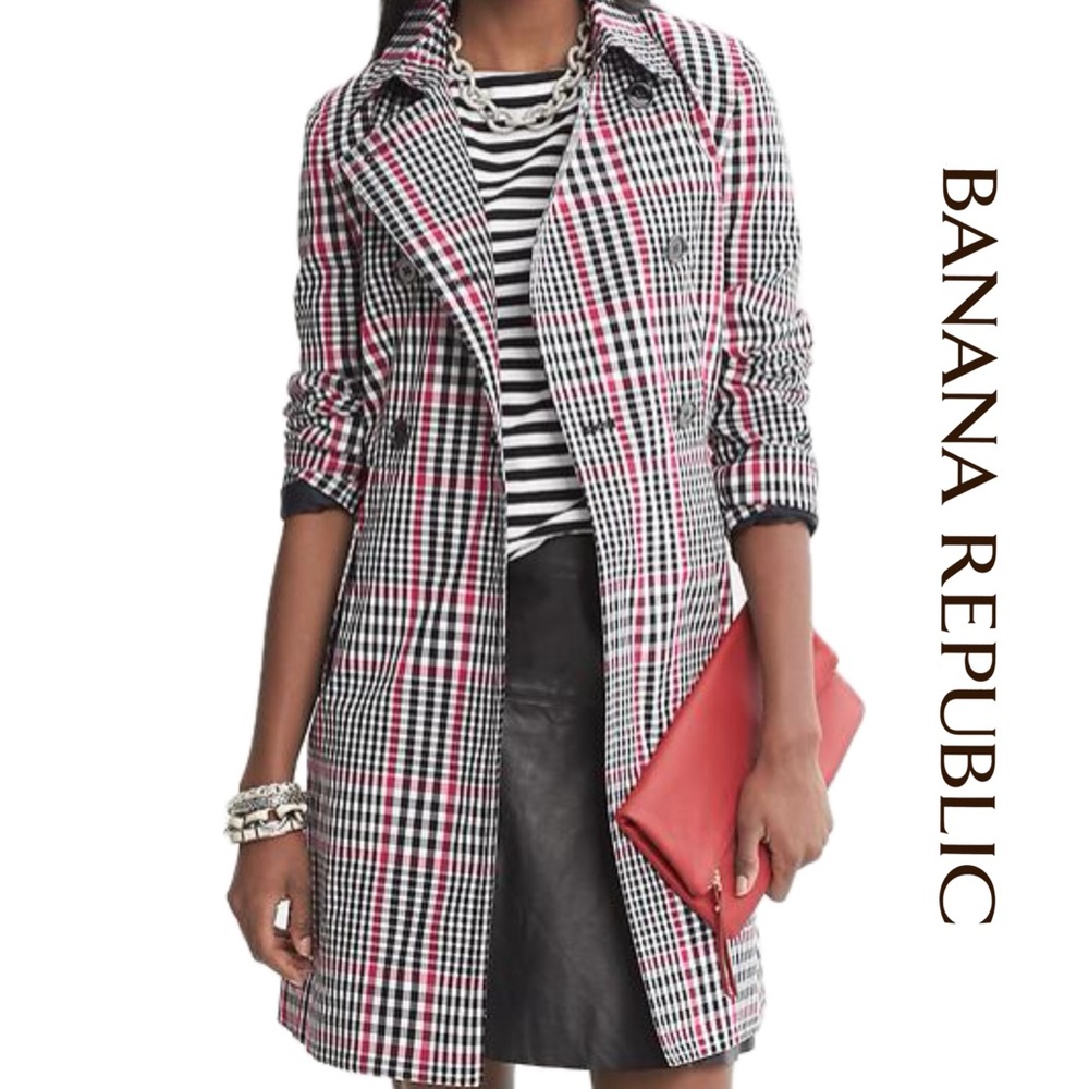 Banana Republic Classic Plaid Trench in Red, Black, & White • EUC• Size XSP